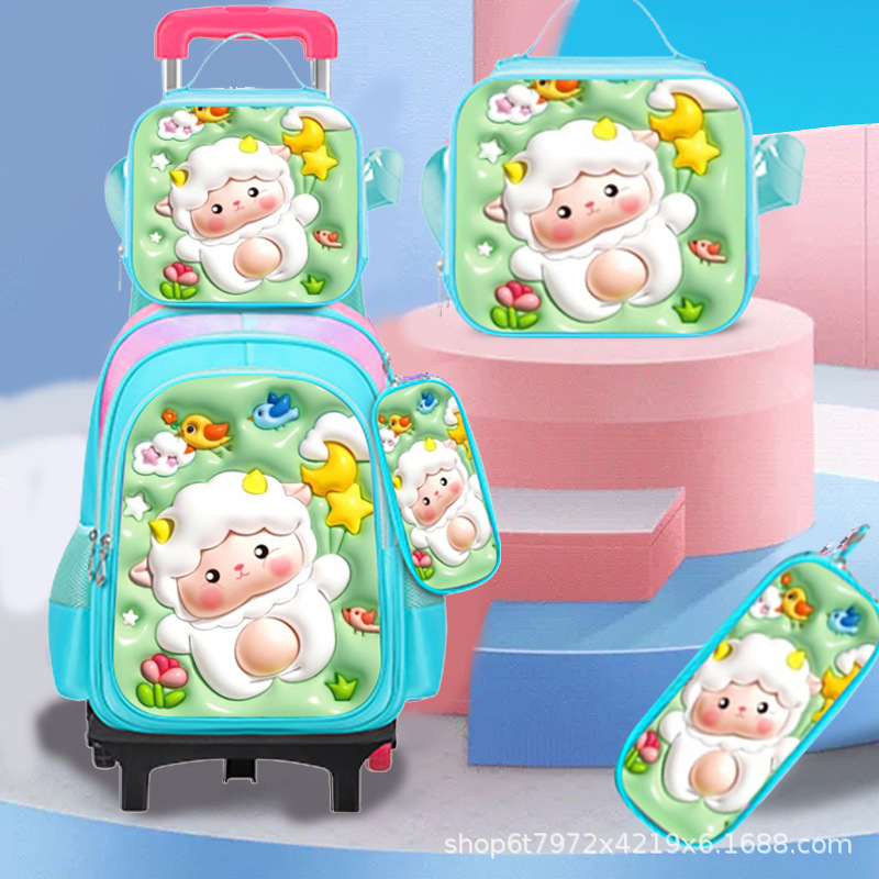 Оптовая продажа мультяшного детского расширяемого яркого кожаного рюкзака для студентов с тележкой, трехпредметный рюкзак для школьников