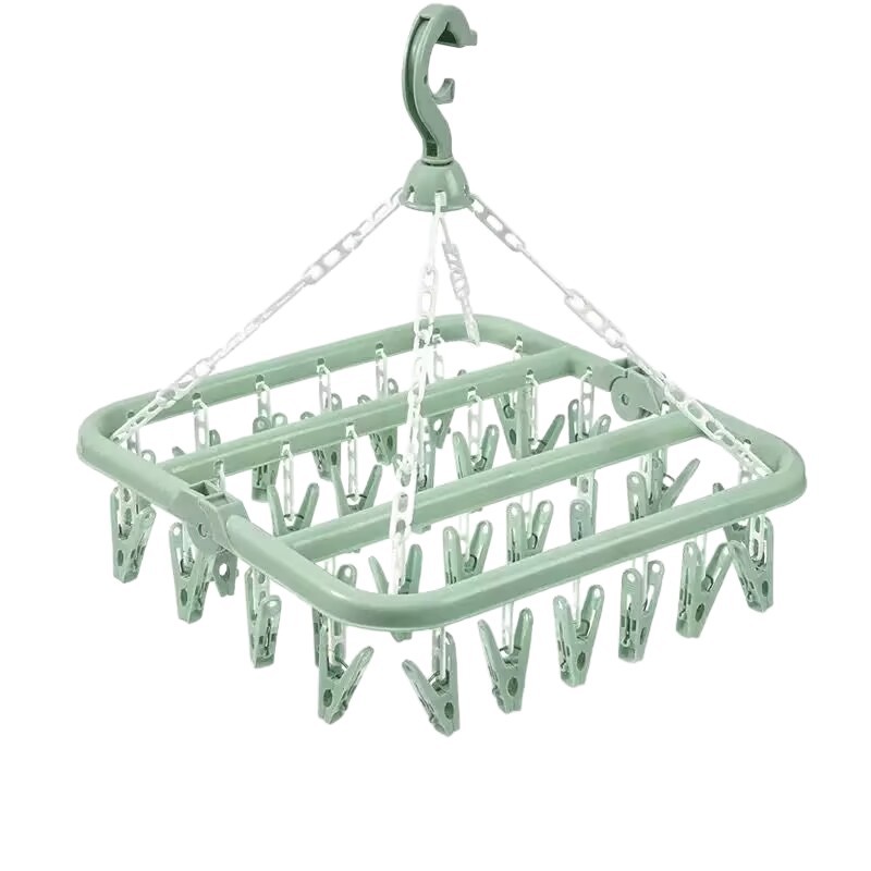 Folding Hanging Clothes Hanger with 32 Clips, Multifunctional Windproof Sock Clips, Clothes Drying Rack, Student Round Disc Clothes Rack