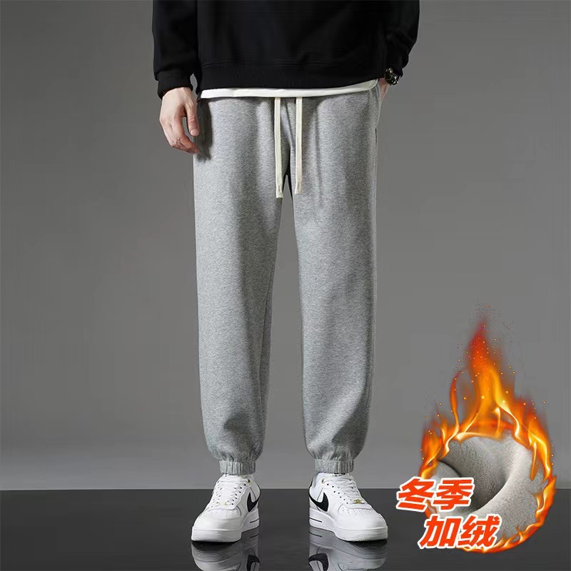 Sports pants men's autumn and winter fleece-lined thickened warm ankle-tied pants men's loose trendy plus size fat casual pants