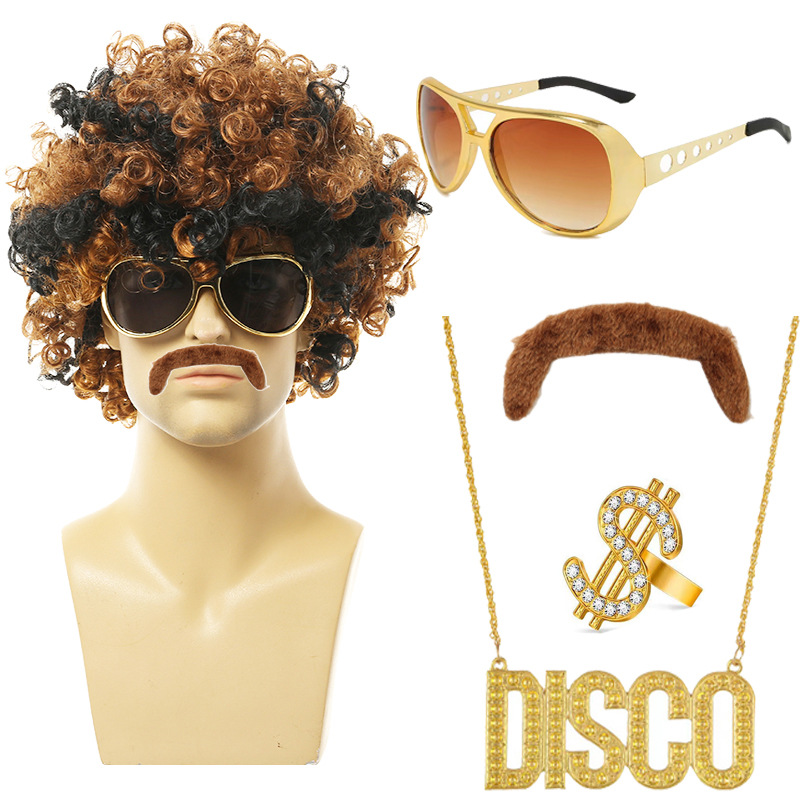 Amazon Explosions Halloween Disco 80s Punk Hippie Black Curly Hair Wig European and American Men's Rock Hair