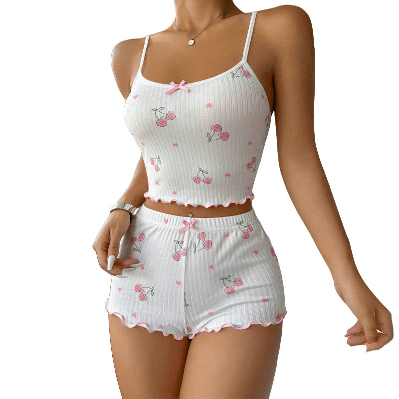 Cross-Border New Cherry Print Bow Camisole Shorts Home Wear Comfortable Solid Color Ribbed Stretch Slim Fit