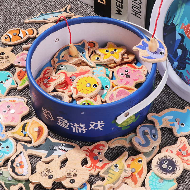 Wooden Barrel Ocean Fishing Toy Children's Early Education Educational Cognitive Fun Magnetic Ocean Fish Parent-Child Game