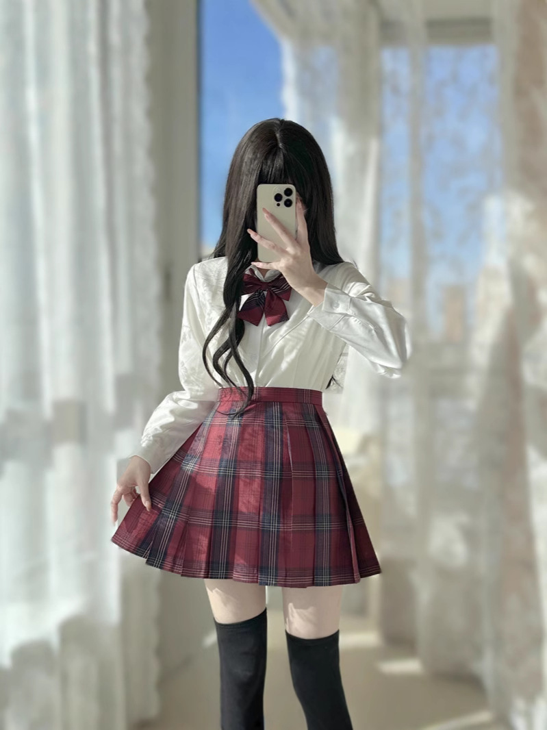 Sakurajima Yuki Jk Uniform Waist-Cinching V-Neck Shirt, Preppy Style Slim-Fit Shirt, Plaid Skirt Set, Japanese Fresh and Sweet Style