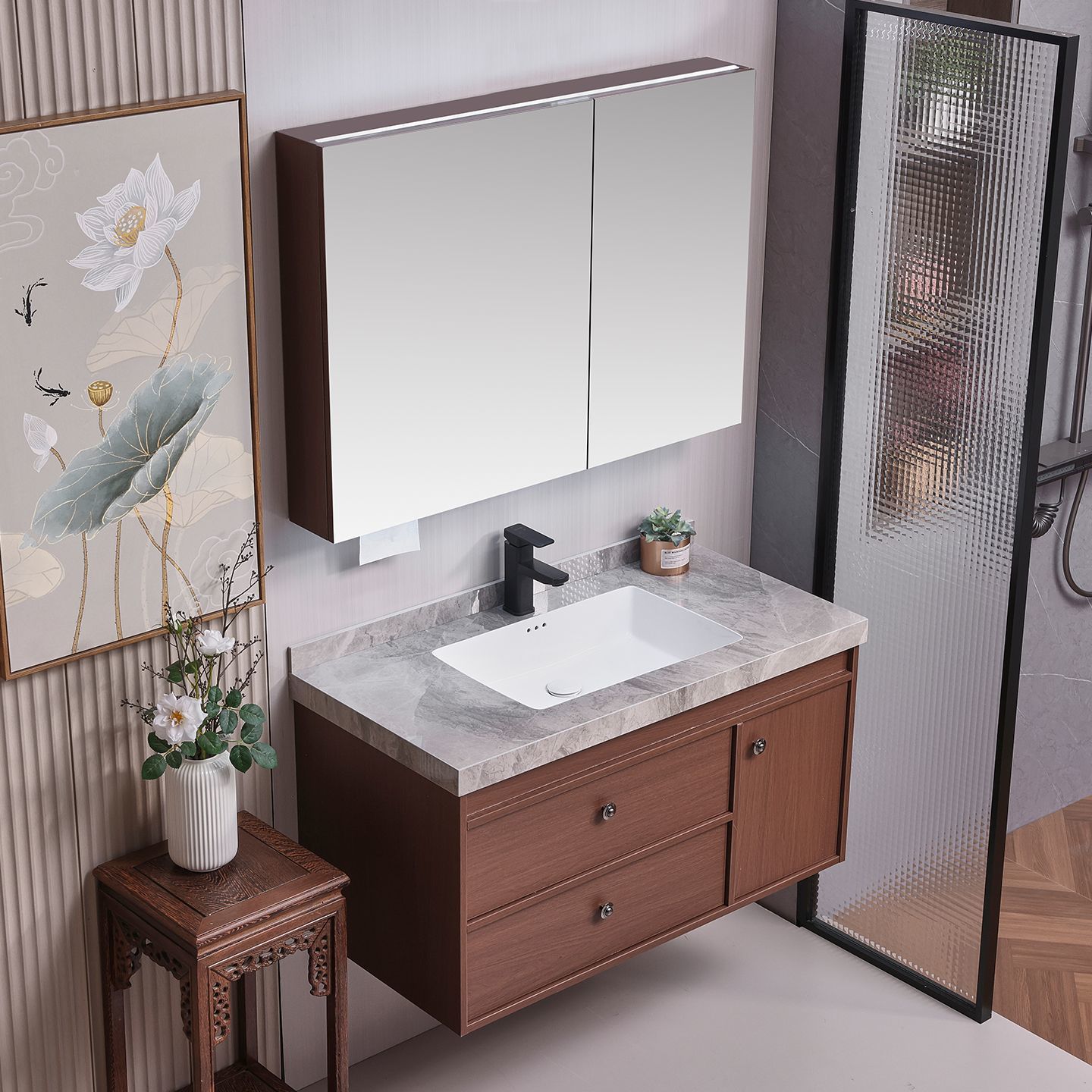 Walnut Color Antique Solid Wood Bathroom Cabinet Ceramic Integrated Bathroom Wash Basin Chinese Wash Combination Wash Basin