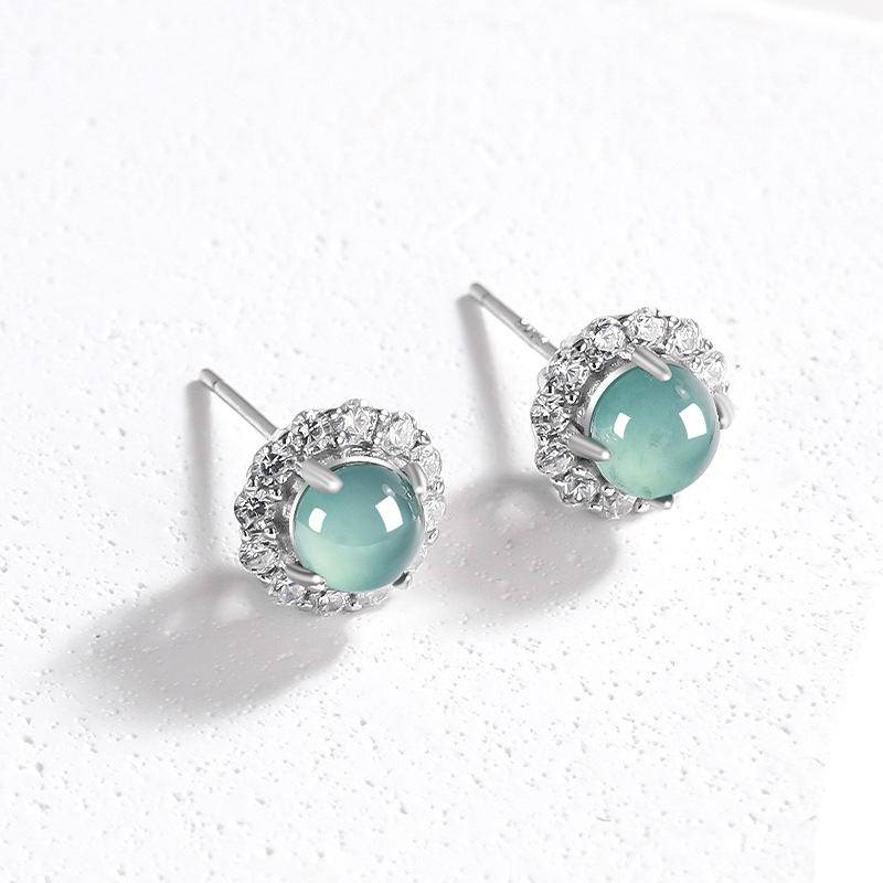 genuine goods natural A goods jade blue water earrings ice jade stone S925 silver inlaid fashion high-end women's earrings wholesale