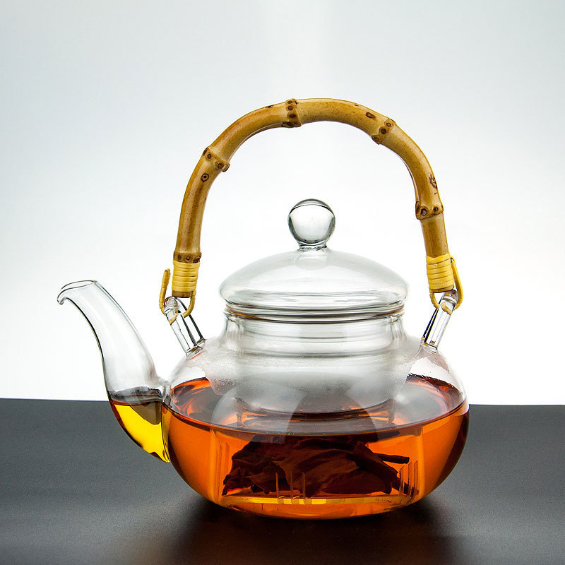 Factory glass teapot vintage bamboo handle Beam Pot glass tea set thickened high temperature resistant fruit red teapot scented tea