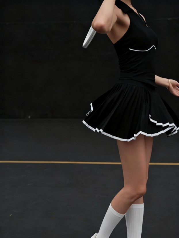 Cross-Border Lapel Contrasting Color Sports Halter Tennis Suit Women's Casual Running Anti-Exposure Vest Short Skirt Suit