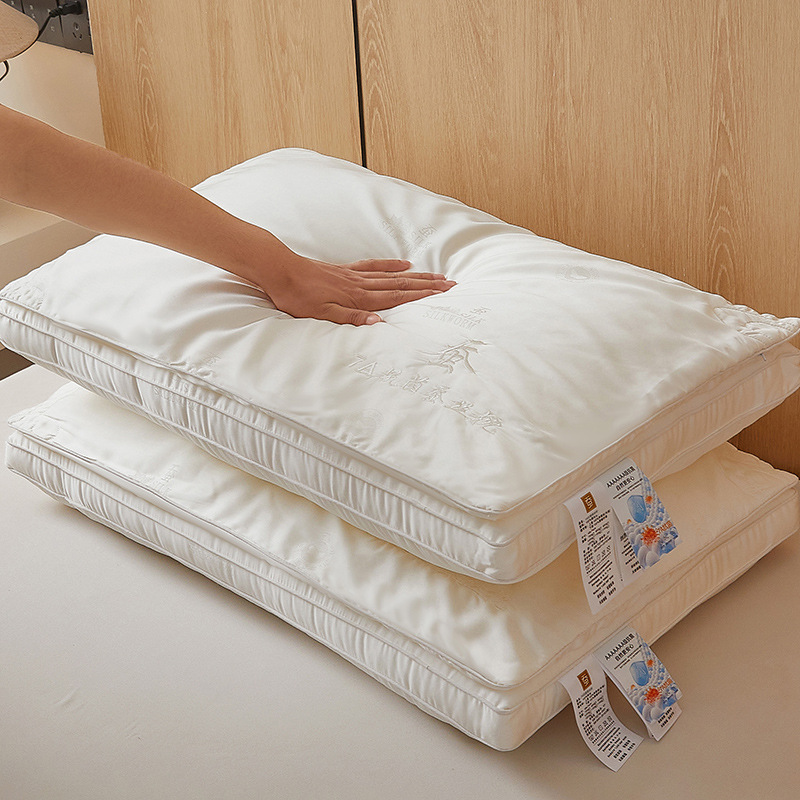 Class A Silk Pillow Embroidered Tussah Silk Three-dimensional Pillow Core Soft Rebound No Collapse Household Feather Silk Cotton Pillow Sleeping Pillow
