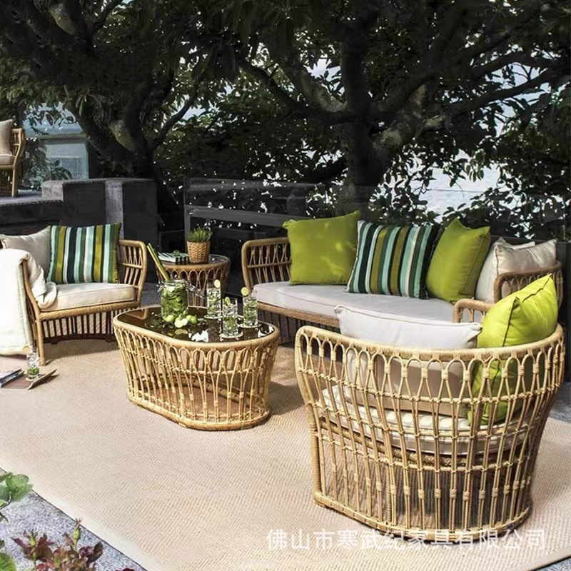 Southeast Asian Outdoor Rattan Sofa Courtyard Balcony Leisure Outdoor Open-Air Restaurant Bed and Breakfast Double Rattan Chair Combination Waterproof