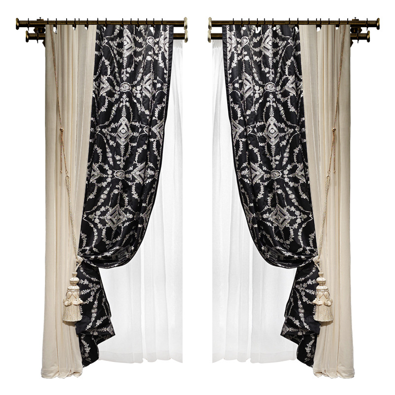 French-Style Light Luxury High-Precision Embroidered Curtains Black High-End Villa Living Room 2025 New European-Style Living Room Bedroom