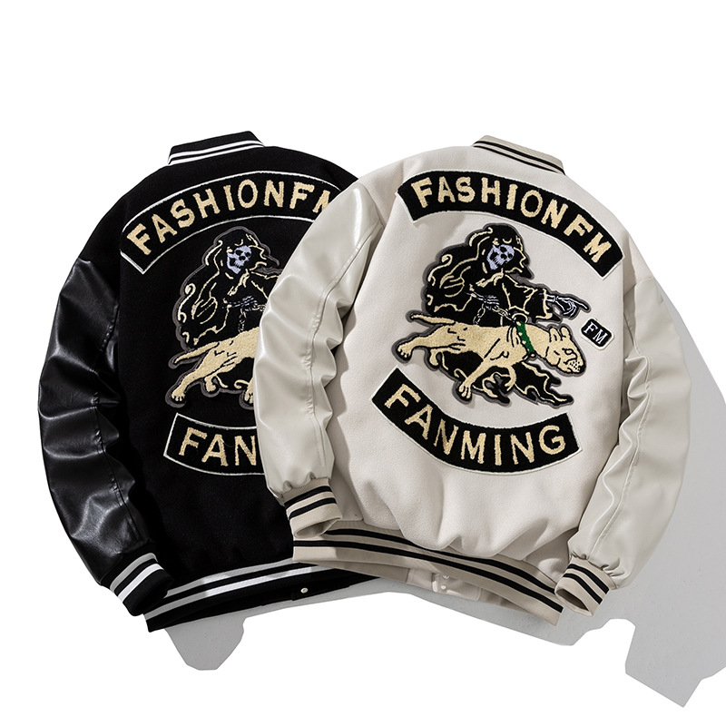 American retro motorcycle baseball uniform men's embroidered couple woolen PU leather jacket cotton and thickening coat fashion