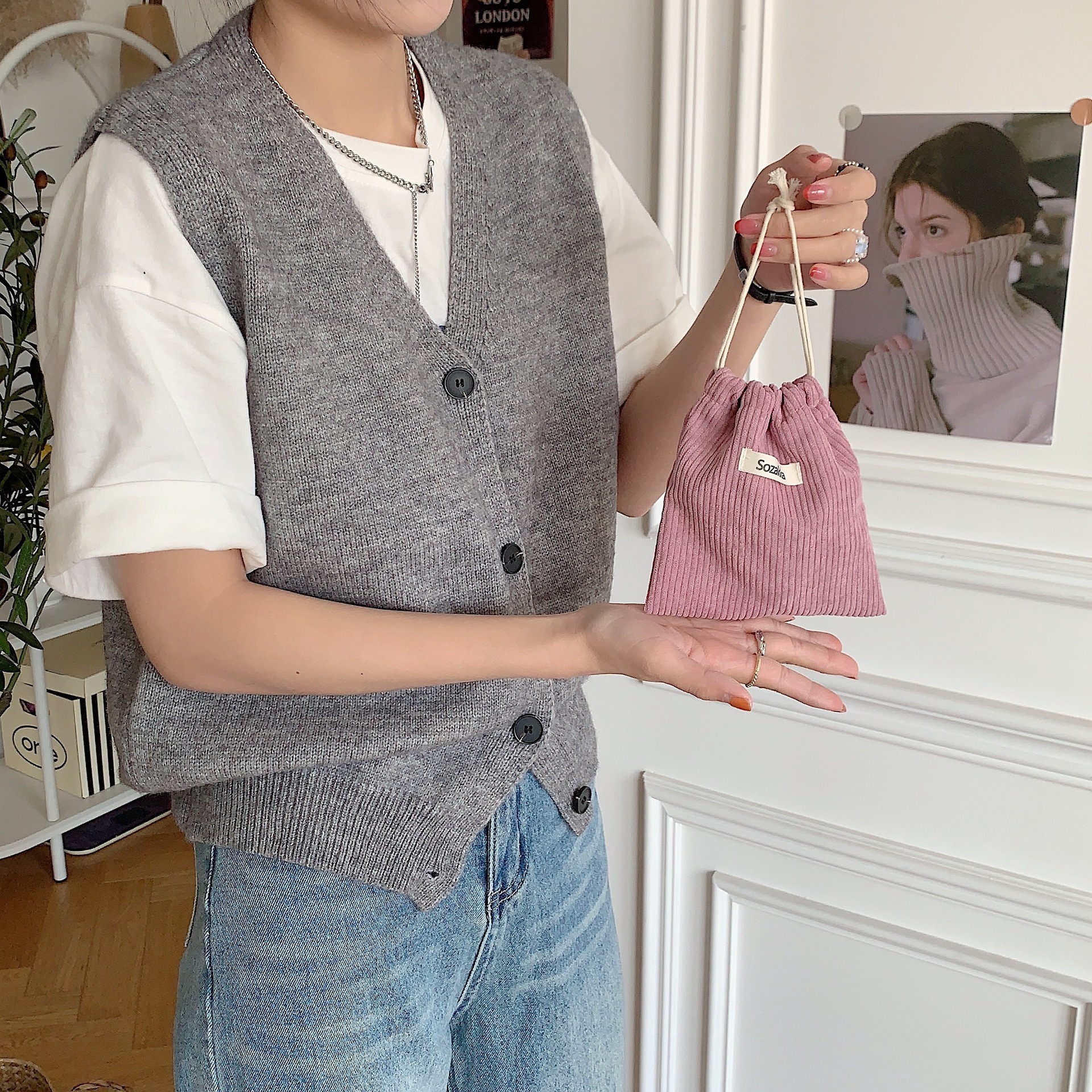 32133 Solid Color Corduroy Woven Label Storage Bag Drawstring Cosmetic Bag Women's Portable Large Capacity