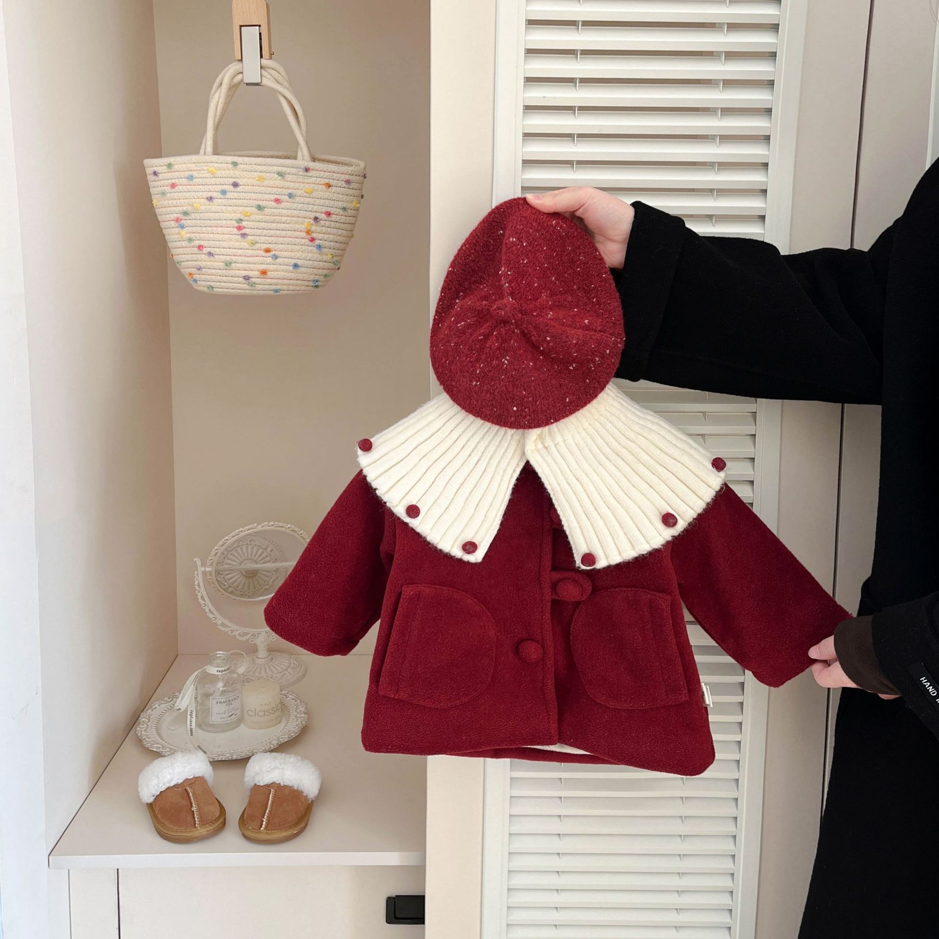 Зимнее красное шерстяное пальто для девочек западный стиль маленькое платье с воротником куклы флисовая подкладка новогоднее платье для малышей