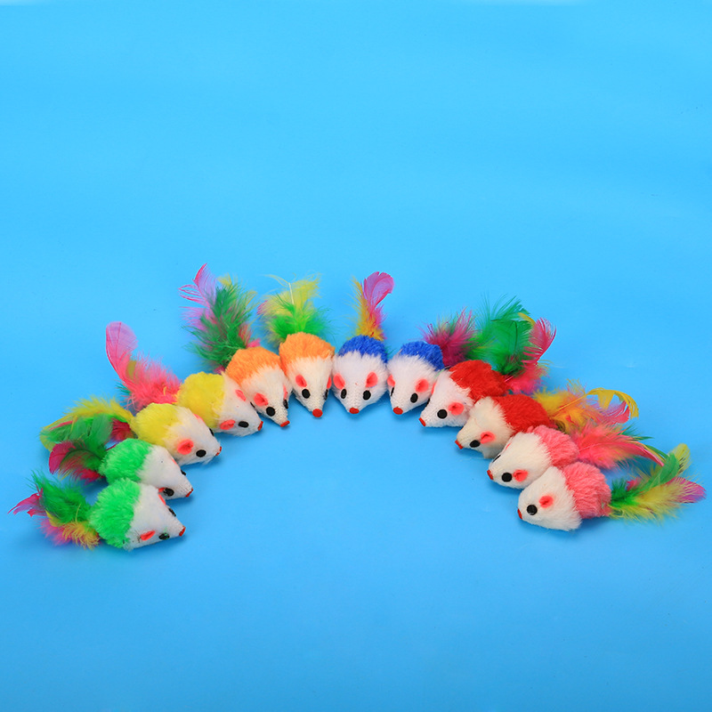 Colorful Feather Tail Plush Little Mouse Funny Cat Mouse Cat Toy Realistic Mouse