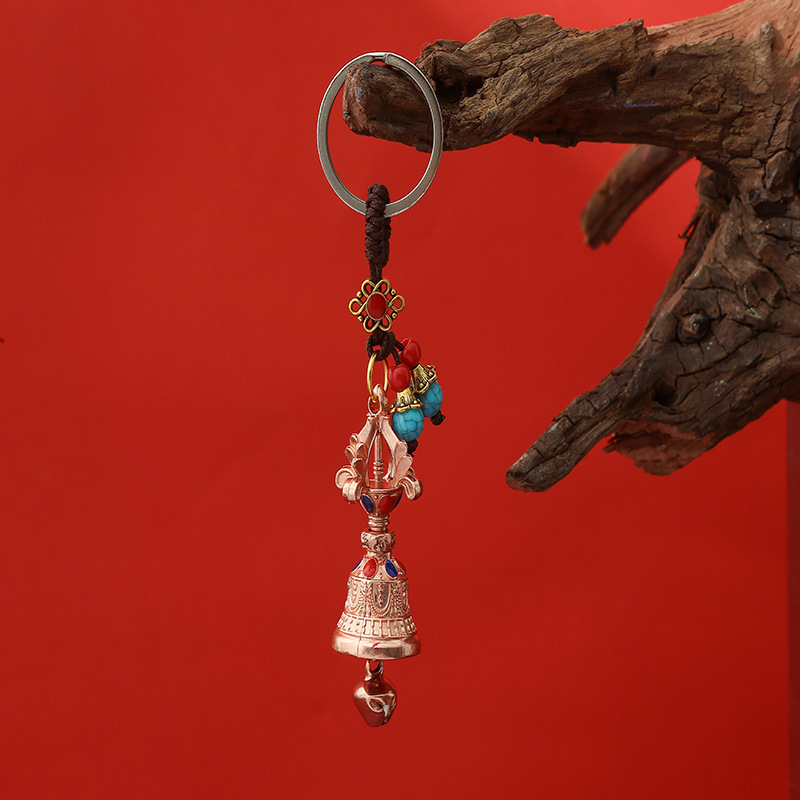 Xizang Alloy Two-Tone Vajra Bell Keychain Six-Syllable Mantra Pendant Car Bag Dual-Use Creative Ornament