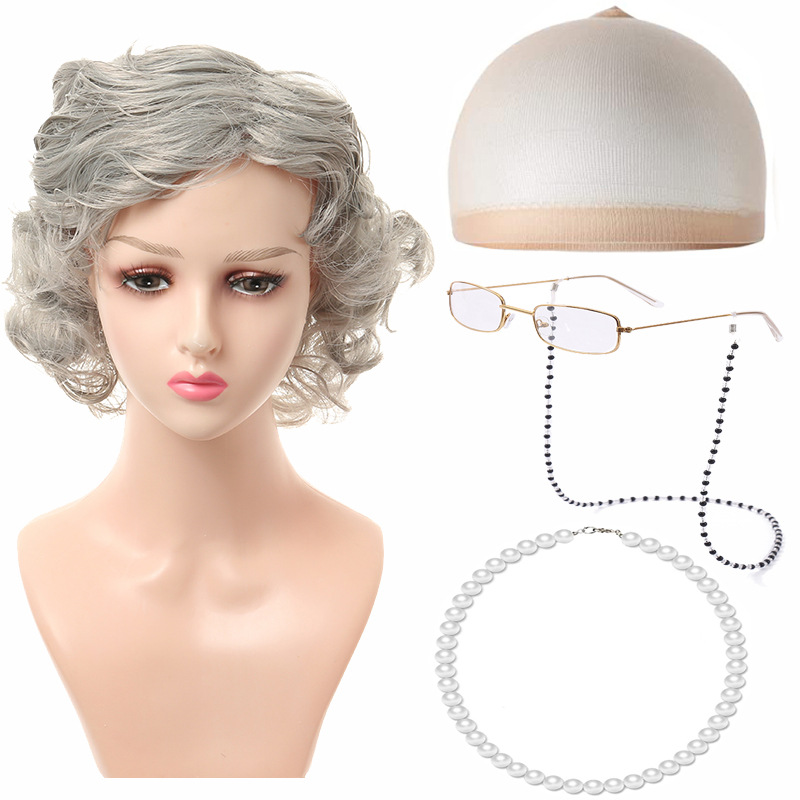 Halloween Old Lady Short Curly Hair Grandpa Grandma Costume Mom Grandma Wig with Side Bangs