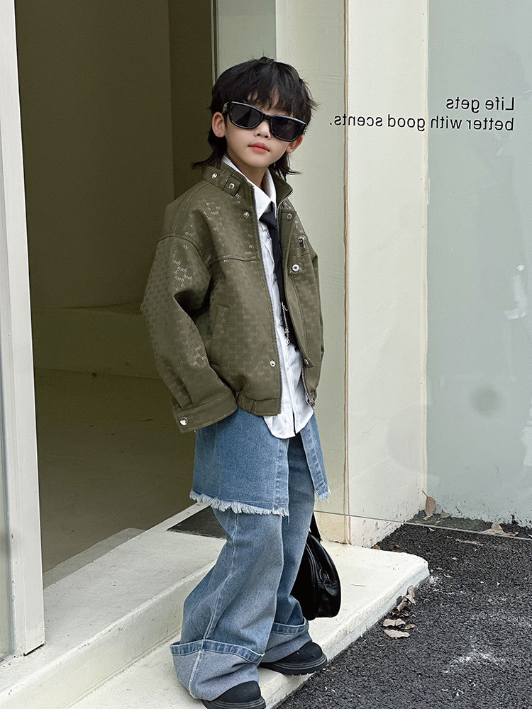 Boys' Leather Jacket Set 2025 Autumn New Style Children's Letter Leather Jacket Stylish Children's Clothing Outerwear Wholesale Trendy