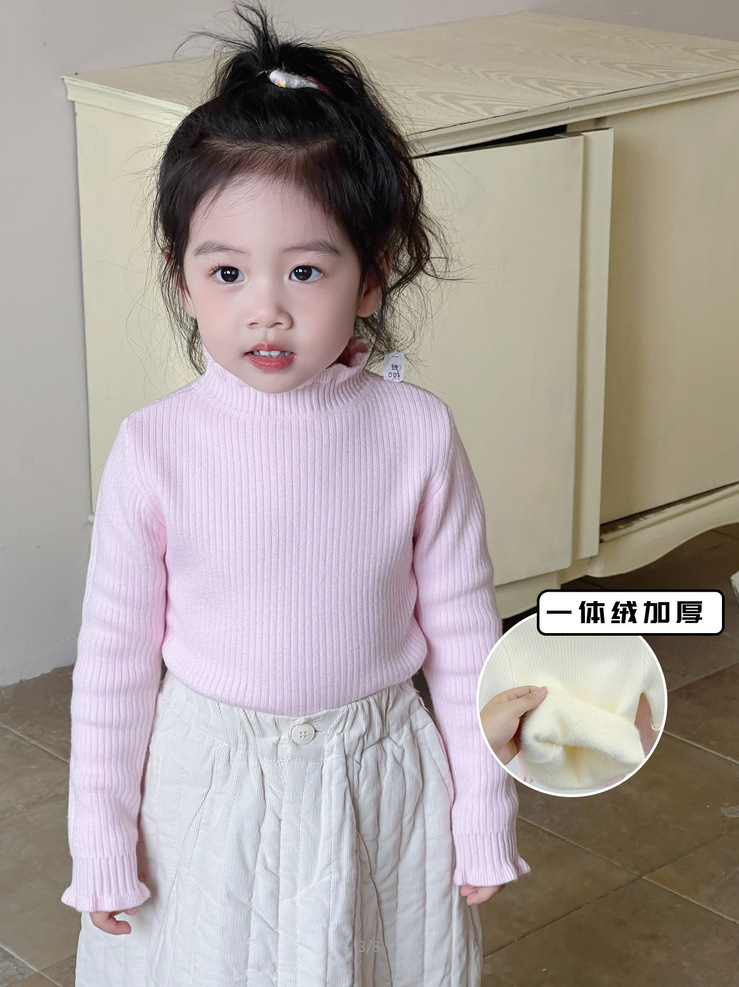 New Autumn and Winter Children's One-Piece Fleece Sweater, Warm Fleece-Lined Knitwear, Korean-Style Lace Collar Base Shirt, Children's Clothing for Babies