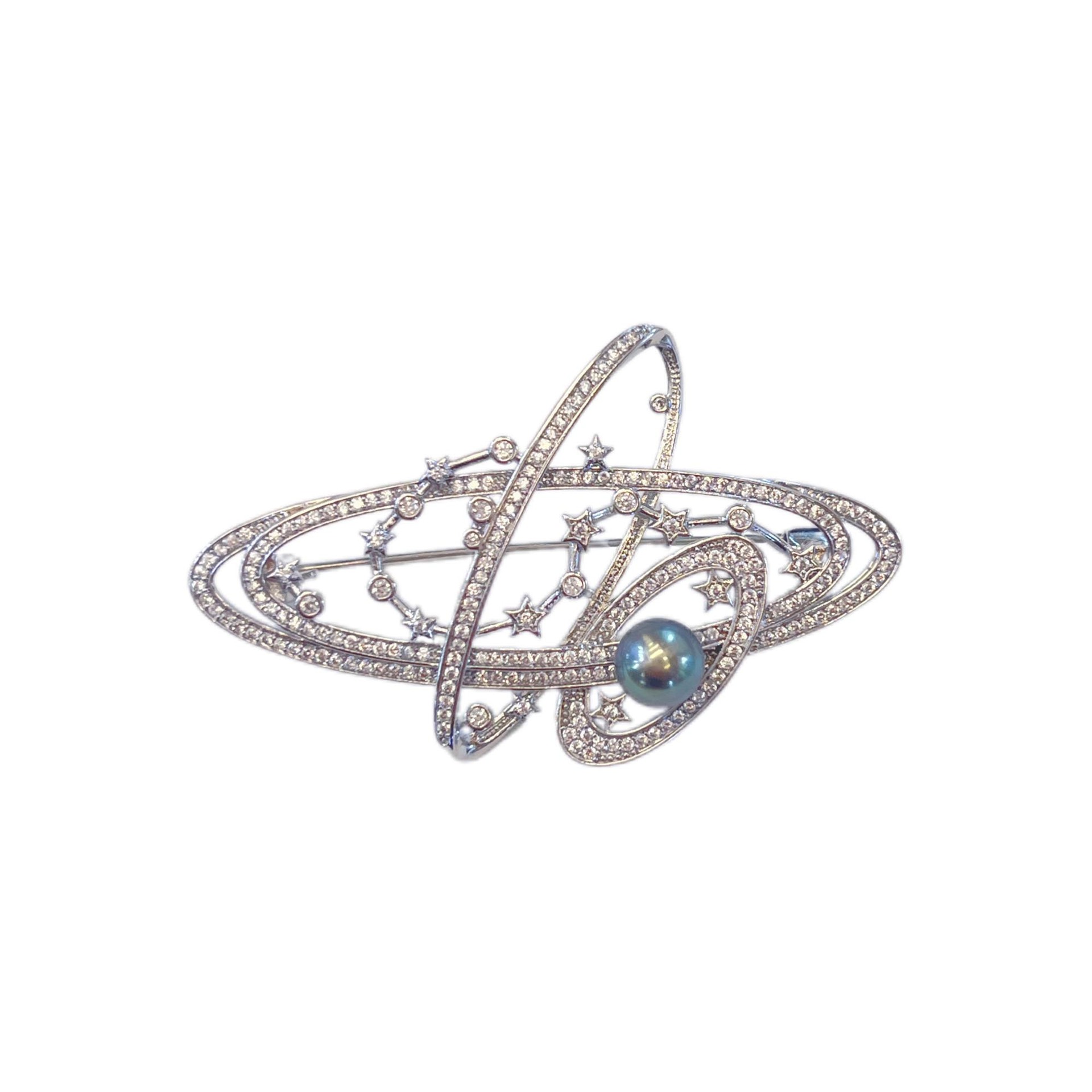 Shining Full Diamond Saturn Brooch Planet Element tian Ran Freshwater Pearl Corsage Elegant Pin Versatile Jewelry