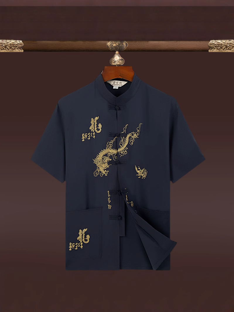 Casual Embroidered Shirt 2025 New Men's Middle-Aged and Elderly Dad Short-Sleeved Loose Thin Chinese Style Tang Suit Short-Sleeved