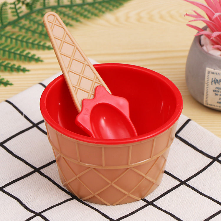 Creative Candy-colored Ice Cream Bowl Children's Double-layer Insulation Anti-drop Plastic Bowl Dessert Ice Cream Bowl Spoon suit