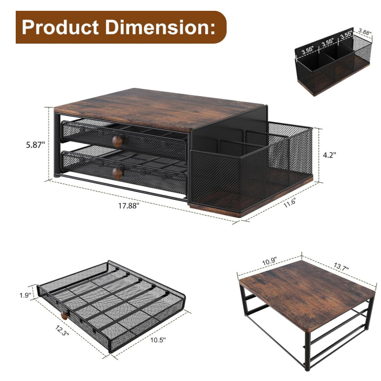 60 Coffee Capsules Large Capacity Storage Rack 2 Tier Sliding Storage Drawer with Storage Water Cup Basket