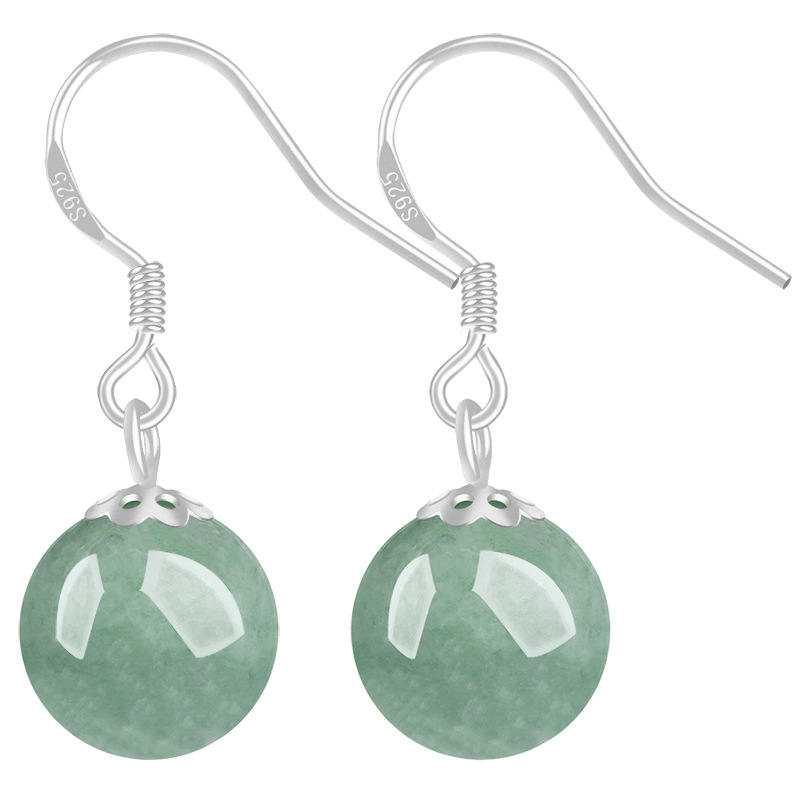 Natural A Goods Jade Bean Green Bead Earrings S925 Silver Inlaid Jade Stone Fashion Women's Earrings Earrings Ethnic Style