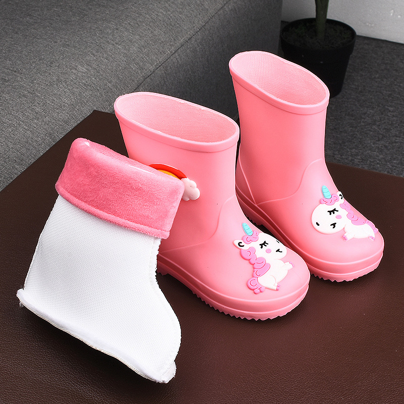Children's rain boots girls' drawstring fleece-lined boys' non-slip water shoes Four Seasons cartoon cute princess rain boots children rain boots