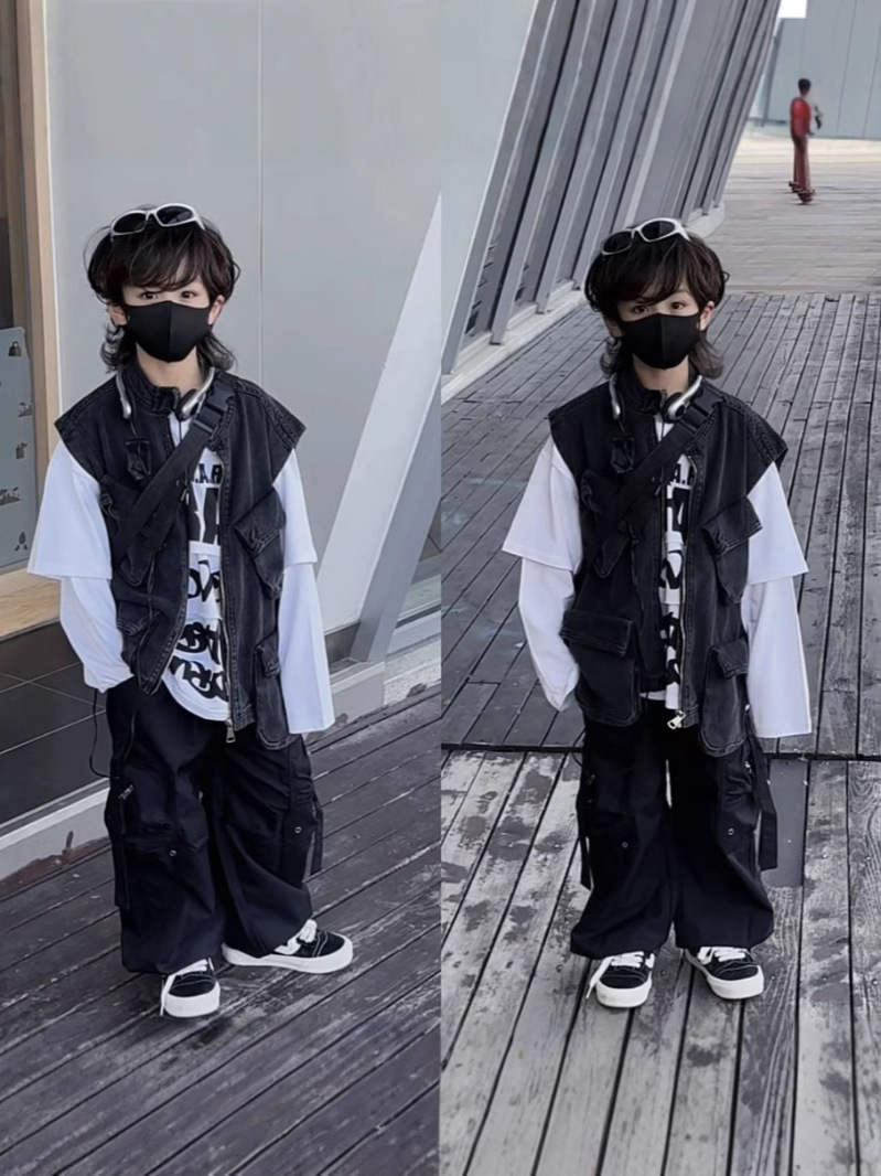 2025 Spring and Autumn Children's Trendy Brand Boys and Girls Trendy Cool Waistcoat Functional Style Multi-Pocket Workwear Denim Vest
