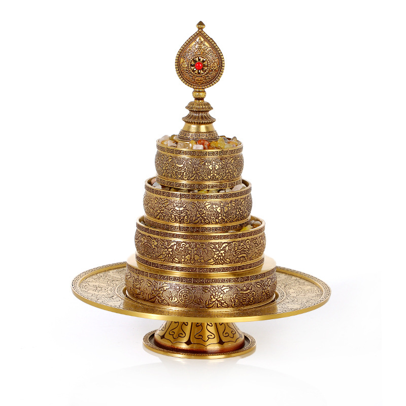 Brass Xizang-Style Mandala Plate for Offering, Nepalese-Style Mandala Plate with Eight Auspicious Symbols for Home Altar Decoration