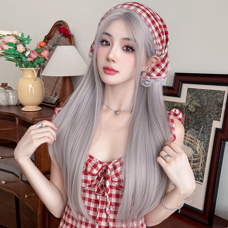Long Straight Wig for Women with Small Lace, Synthetic Fiber, One-Piece Hand-Woven High-Temperature Fiber, Internet Celebrity Style, Purple-Gray, Middle Part