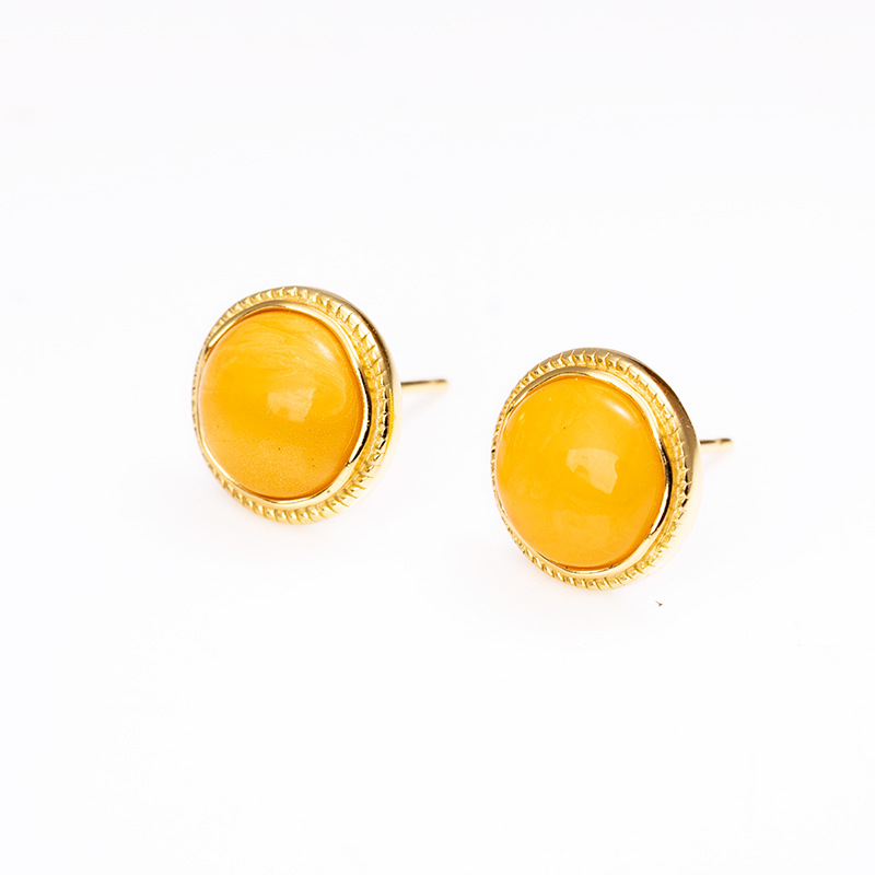 S925 Silver Inlaid Natural Amber Beeswax Blood Poe Round Square Earrings Ear Hook High-end Light Luxury Women's Earrings