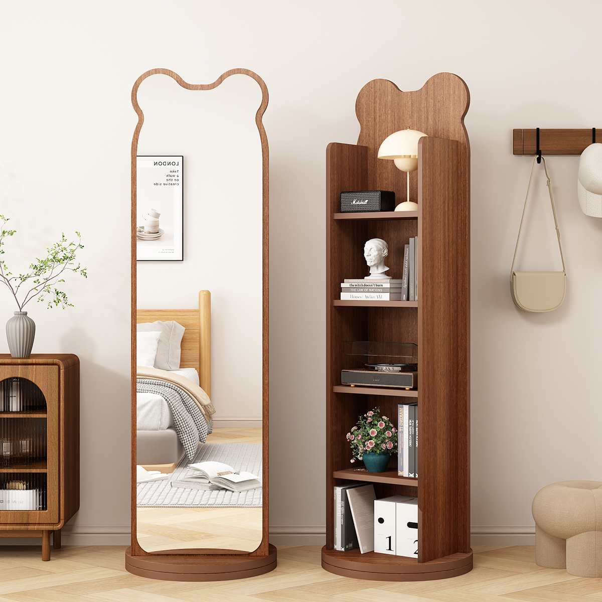 Bear Full-Length Mirror Rotating Dressing Mirror Home Bedroom Multi-Functional Floor Mirror Bookshelf Storage Integrated Large Fitting Mirror
