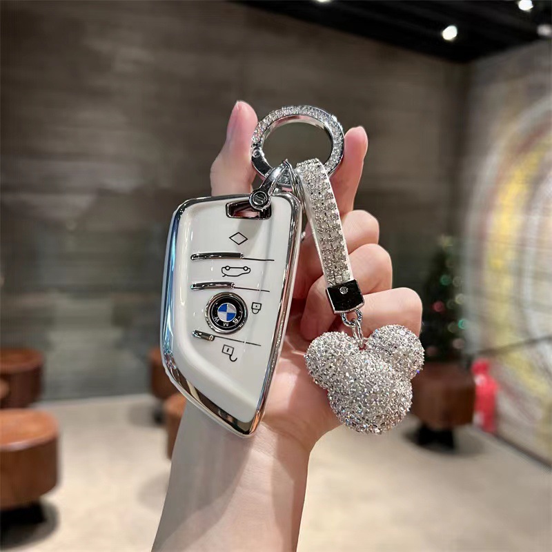 Suitable for Bmw 3 Series 5 Series X1X3X5 Car Keychain Bag with Diamonds Internet Celebrity Bear Pendant Car Key Protective Cover