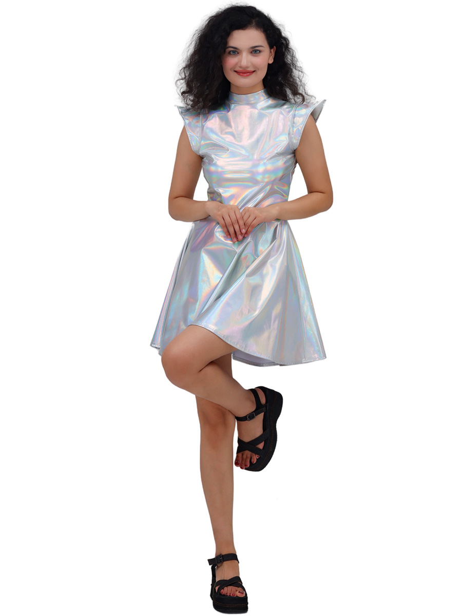 Cross-border New Halloween Costume Bronzing Patent Leather Solid Color Sexy Party dress Performance Costume Factory Straight Hair