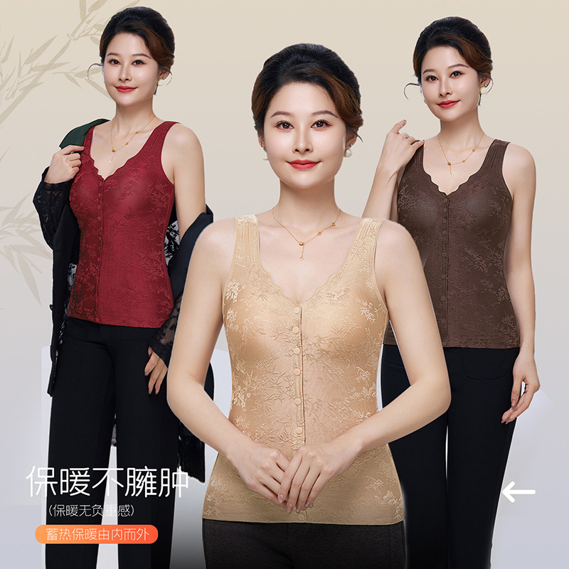 Термобелье с жаккардовым передом и пуговицами для женщин среднего и пожилого возраста с чашечками, без бюстгальтера, дышащее, комфортное и теплое