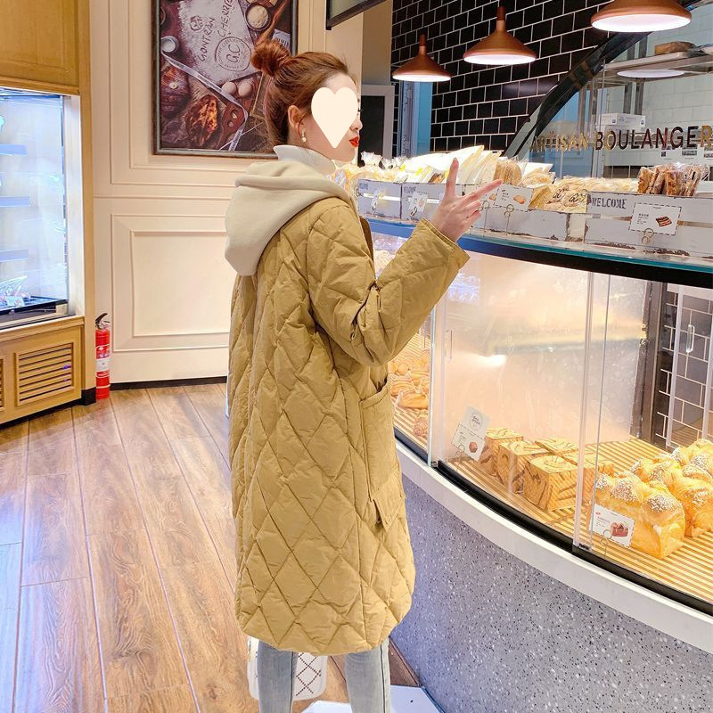 2025 New Winter Style Cotton-Padded and Thickeneded Versatile Knee-Length Mid-Length Diamond Plaid Loose Hooded Jacket for Women