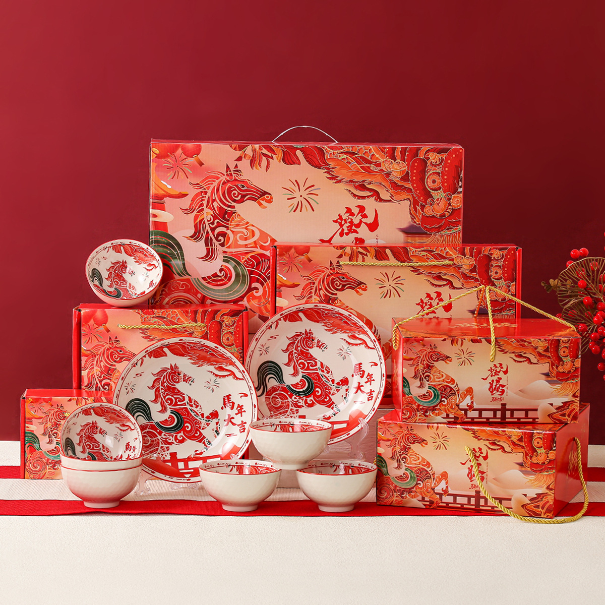 Year of the Horse Gift Set Bowl Ceramic Tableware Gift Box Practical Bowl Set Opening Gift for Customers Bowl and Spoon Set Wholesale