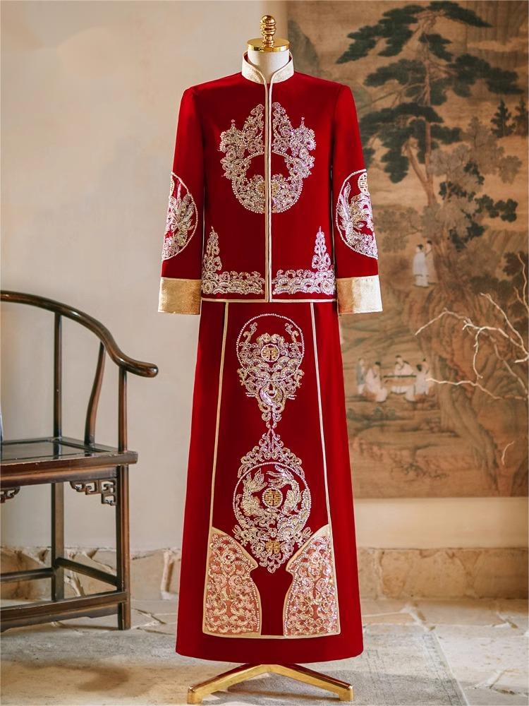 Men's Xiuhe Suit Groom 2024 Wedding Outfit for Receptions and Toasts, Men's Dragon and Phoenix Embroidered Tang Suit Chinese Style Formal Wear