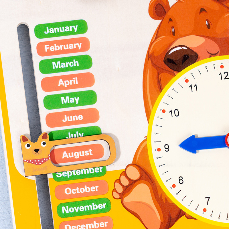Wooden Multifunctional Clock Early Education Cognitive Baby Kindergarten Toy Bear-Shaped Shape Learning Building Blocks 12 Educational