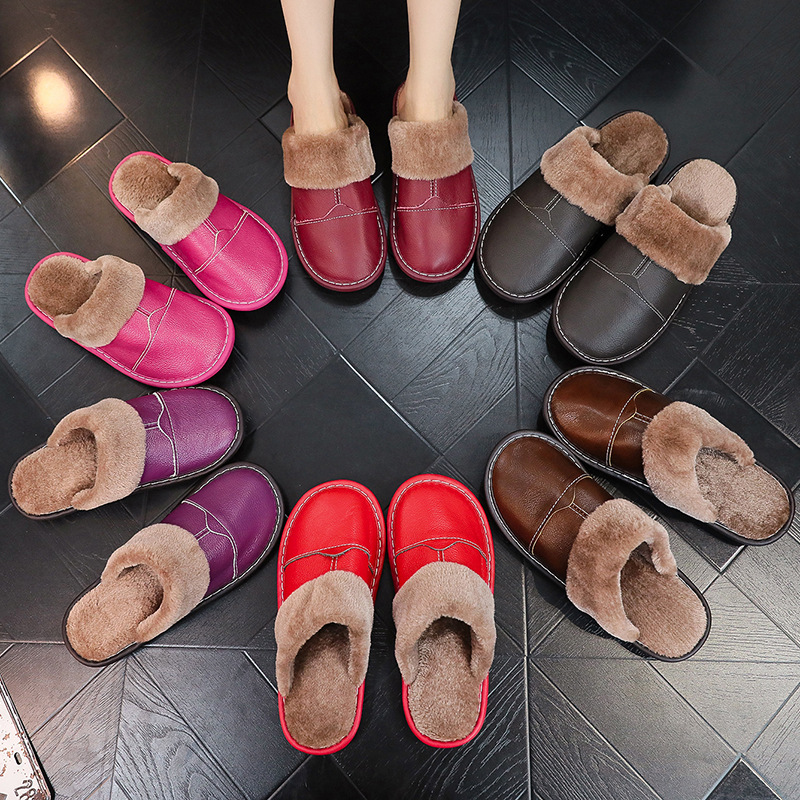 First-Layer Cowhide Furry Slippers, Home Shoes, Indoor Men and Women Couple Gifts, Special Non-Slip Home Slippers for Sales