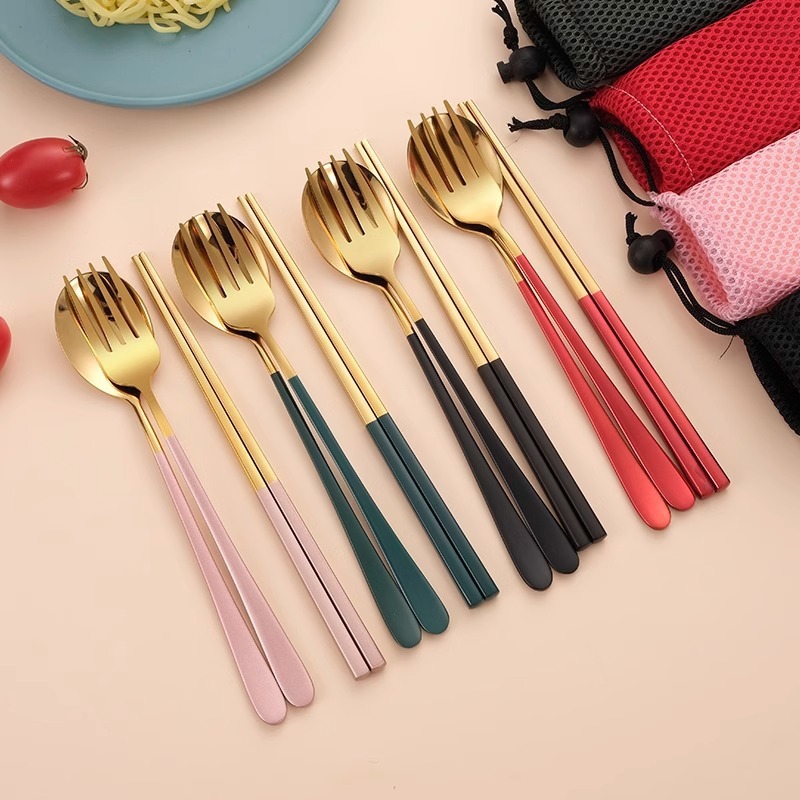 304 stainless steel portable tableware chopsticks spoon fork three-piece suit student office worker travel portable outfit
