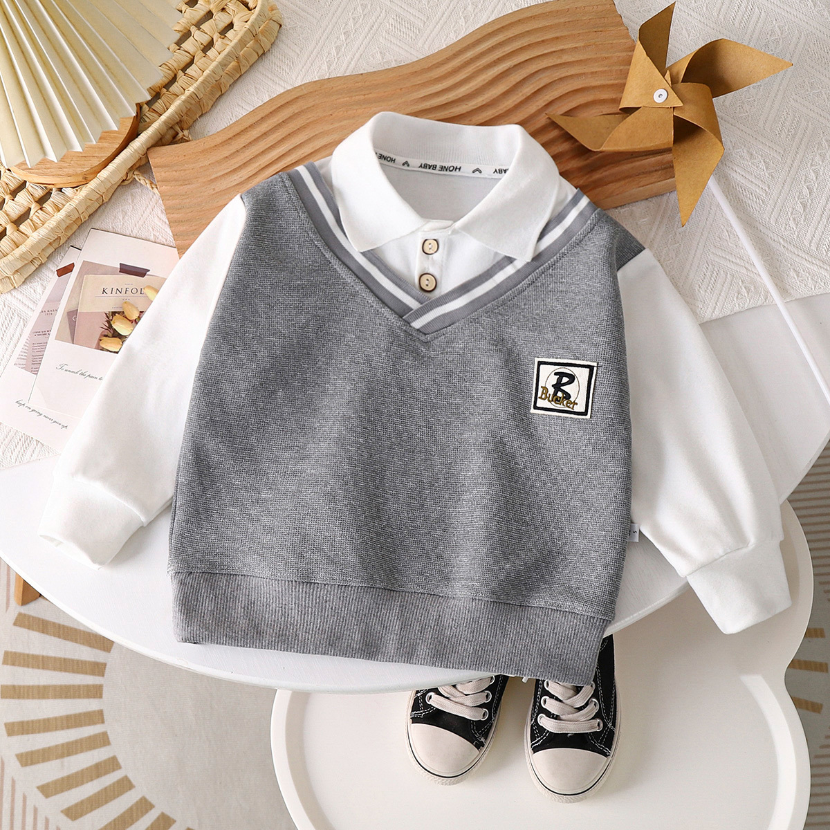 Boys Sweatshirt 2025 New Spring & Fall Sweatshirt British Style Polo Shirt Fake Two-Piece Versatile Fashionable Boys Middle and Large Children