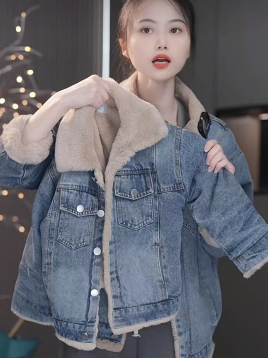Girls' Western Style Loose fleece-lined Winter Denim Coat Baby Girl 2023 New Thickened Winter Coat Korean Fashionable