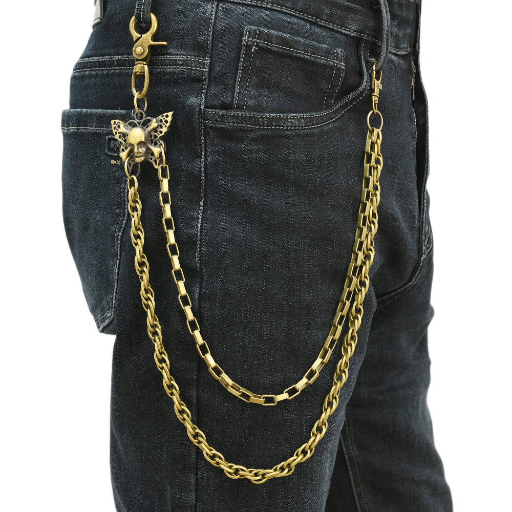 Vintage Punk Style Double-Layer Metal Waist Chain for Men Trendy Skull Butterfly Pendant Chain Accessory Versatile Hip-Hop Pants Chain