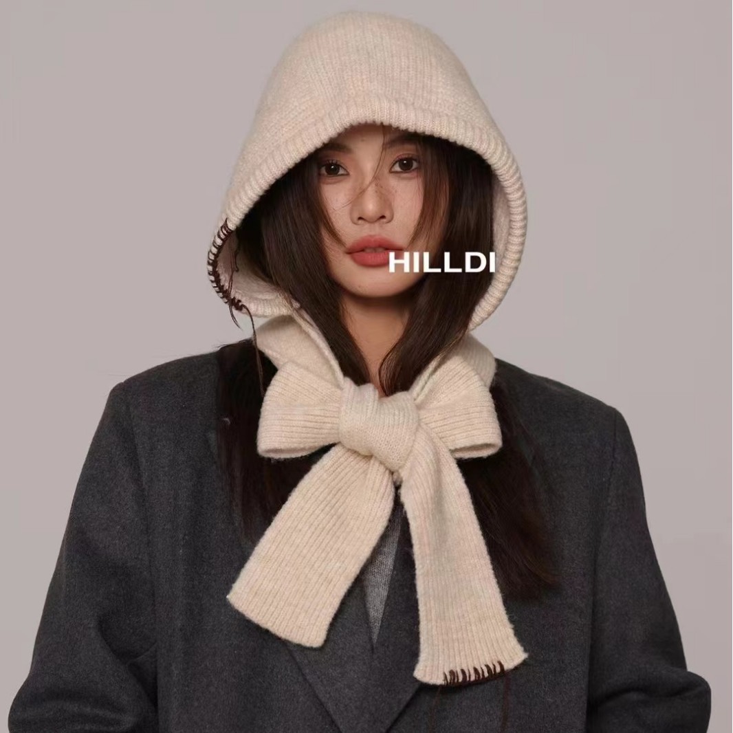 2024 autumn and winter new solid color knitted hat shawl women's dual-use outer padded warm neck scarf