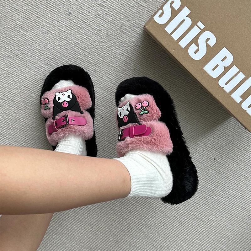 Cute Style Internet Celebrity Kuromi Plush Thick-Soled Slippers 2025 Autumn New Cartoon Versatile One-Line Cotton Slippers