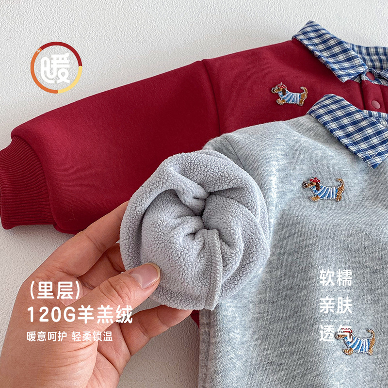 Children's Label Sweatshirt with Small Left and Right Patches, Winter Boys' Fashionable Turn-Down Collar Fleece Pullover, Baby Red New Year Outfit