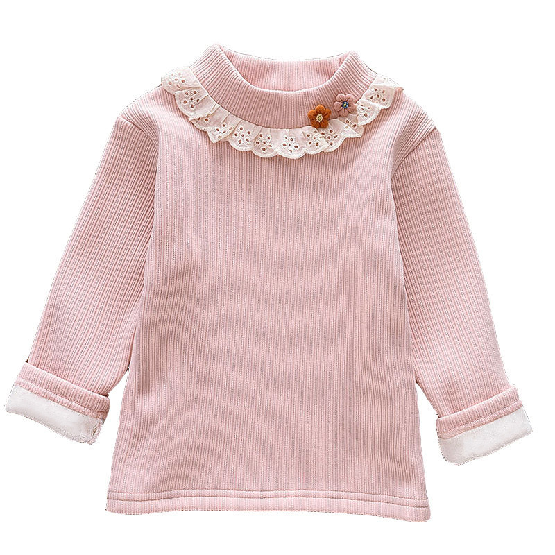 Girls' Winter Base Shirt Children's fleece-lined Mock Collar Lace Warm Top Girls' Jacquard Knitted T-Shirt