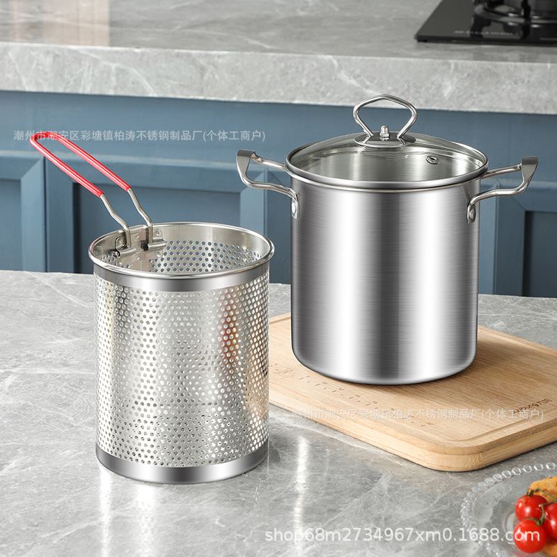 Cross-border Stainless Steel Fryer Household String Pot Induction Cooker Deep Pot Binaural Frying Soup Pot with Strainer